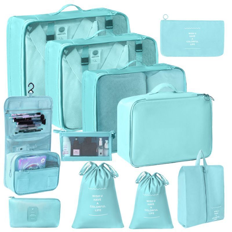 Portable Luggage Sorting Storage Set, 11 Pcs Travel Garment Pouches Equipped With Dual Drawstring Sacks, Hanging Wash Bag, Makeup Pouch & Electronics Bag, Bright Blue, Reliable Business Journey Gift