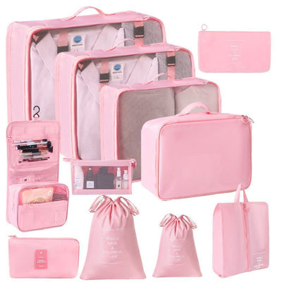Lightweight Travel Packing Organizer Kit, 11 Pcs Clothes Pouches With Dual Drawstring Bags, Hanging Toiletry Bag, Cosmetic Pouch & Digital Gadget Bag, Pink, Romantic Holiday Travel Gift