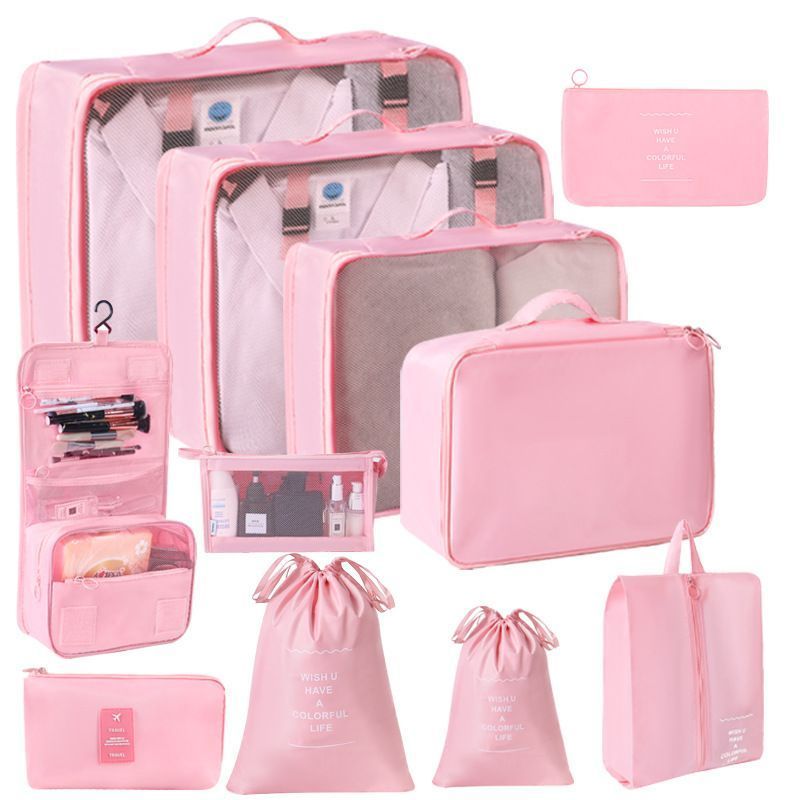Lightweight Travel Packing Organizer Kit, 11 Pcs Clothes Pouches With Dual Drawstring Bags, Hanging Toiletry Bag, Cosmetic Pouch & Digital Gadget Bag, Pink, Romantic Holiday Travel Gift