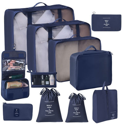 Comprehensive Suitcase Clothing Storage Pouches, 11 Pcs Travel Set Including Double Drawstring Sacks, Hanging Wash Pouch, Makeup Bag & Electronics Bag, Navy Blue, Perfect Round-The-World Trip Gift