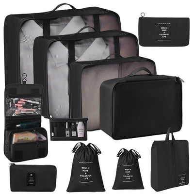 Multi-Size Travel Garment Organizer Set, 11 Pcs Luggage Packing Pouches With Dual Drawstring Bags, Hanging Toiletry Bag, Cosmetic Pouch & Digital Storage Bag, Black, Durable All-Season Traveller Gift