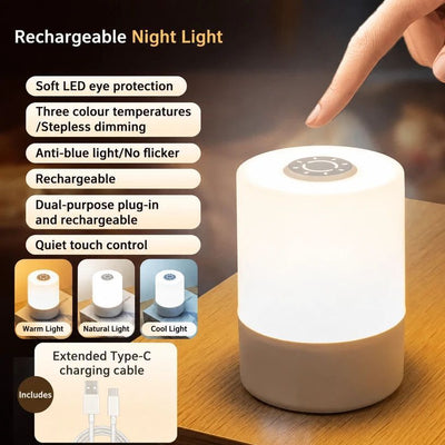 USB Rechargeable LED Bedside Night Light, Touch Control, 3 Color & Stepless Dimming, Plug & Charge Dual Use, For Bedroom, Night Use, Sweet Holiday Gift