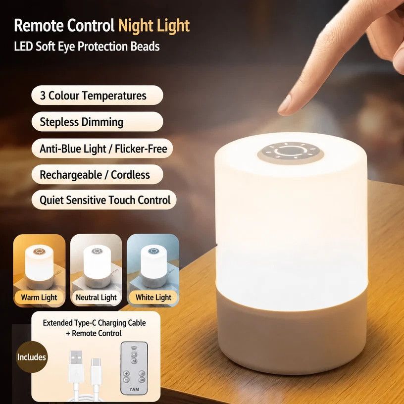 USB LED Sleep Lamp, Touch & Remote Control, 3 Color Stepless Dimming, Rechargeable Plug-in Light, Ideal For Bedroom, Night Toilet Visit, Housewarming Gift