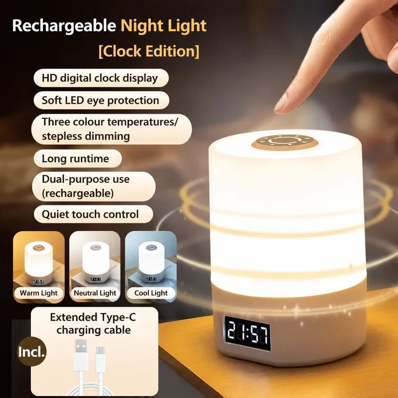 LED USB Night Light With Clock Display, Touch Operated, 3 Color Dimmable, Dual Power Supply, Suitable For Bedside, Late Reading, Practical Family Gift
