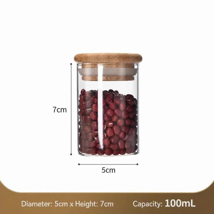 Airtight Glass Storage Jar With Bamboo Lid, Food Grade Clear Kitchen Canister, Moisture Proof Container, 5cm*7cm, 100ml, Nice Housewarming Kitchen Gift