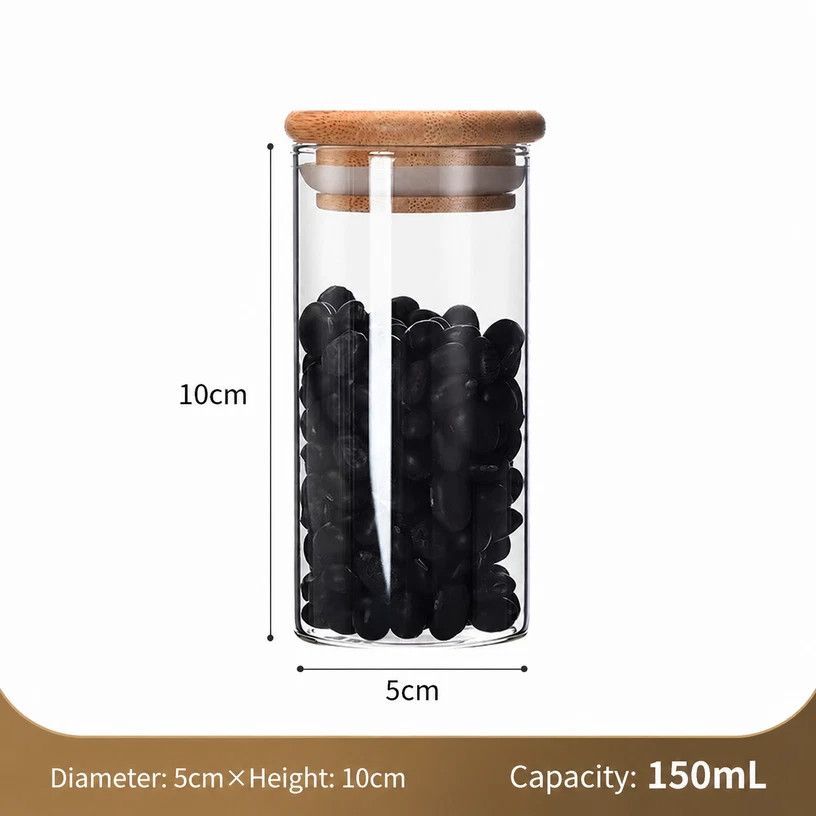 Sealed Glass Food Canister With Bamboo Cover, Transparent Kitchen Storage Container, Moisture Resistant, 5cm*10cm, 150ml, Practical Home Storage Gift