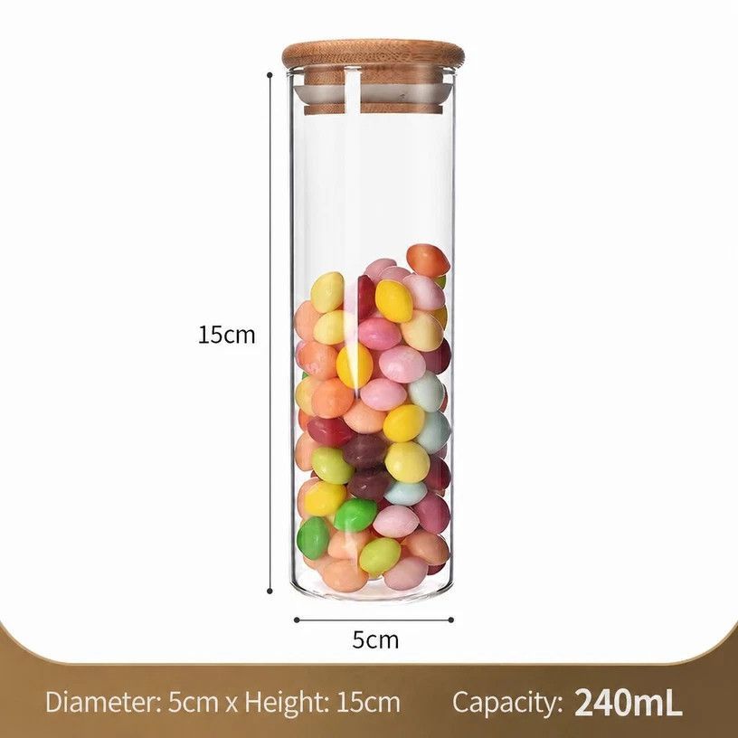 Clear Glass Airtight Canister With Bamboo Lid, Food Safe Kitchen Storage Jar, Keep Ingredients Dry, 5cm*15cm, 240ml, Elegant Household Gift