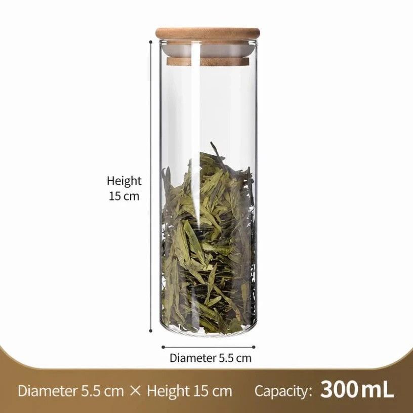 Moisture Proof Glass Storage Jar, Clear Food Canister With Natural Bamboo Cover, 5.5cm*15cm, 300ml, Wonderful New Home Gift