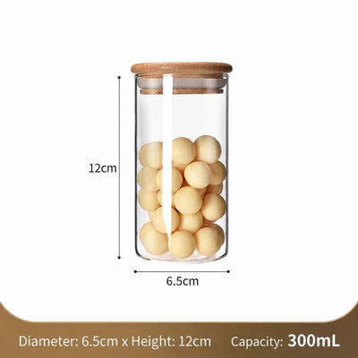 Airtight Glass Kitchen Canister With Bamboo Lid, Moisture Proof Food Storage Jar, 6.5cm*12cm, 300ml, Premium Kitchen Accessory Gift