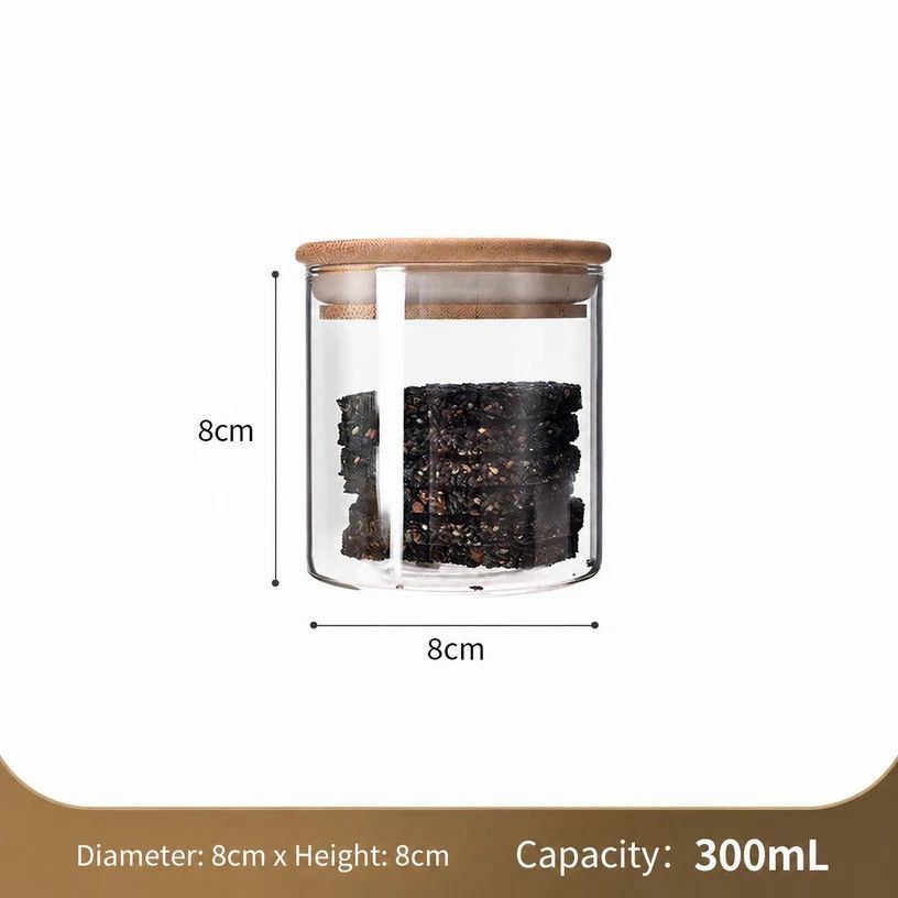 Food Grade Clear Glass Canister, Airtight Bamboo Lid Kitchen Storage Jar, 8cm*8cm, 300ml, Versatile Kitchen Organizer Gift