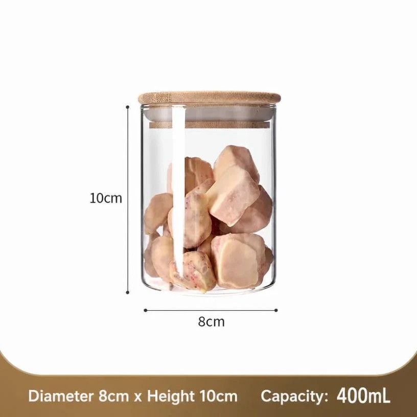 Sealed Glass Food Storage Jar With Bamboo Lid, Moisture Proof Kitchen Container, 8cm*10cm, 400ml, Nice Daily Home Gift