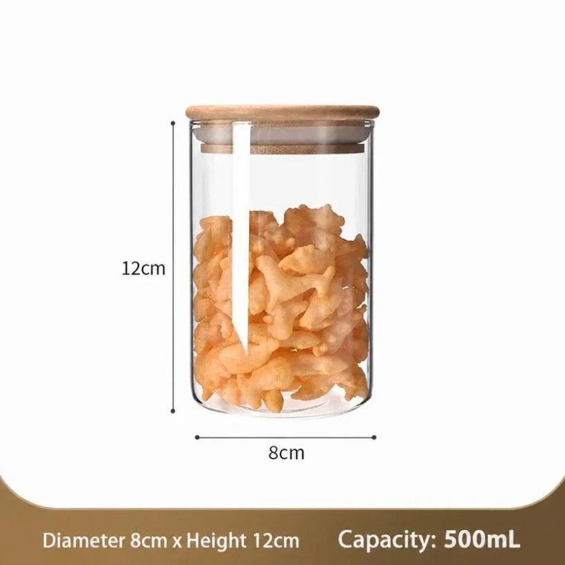Airtight Transparent Glass Canister, Bamboo Lid Kitchen Ingredient Storage Jar, 8cm*12cm, 500ml, Elegant Kitchen Gift