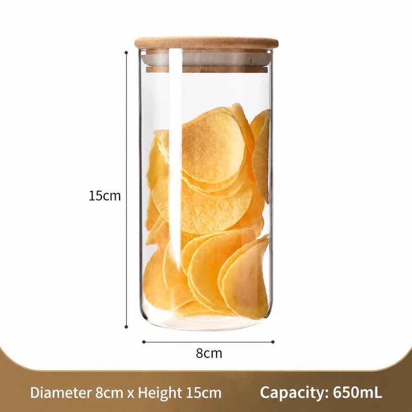 Clear Glass Moisture Proof Storage Jar, Food Safe Canister With Bamboo Cover, 8cm*15cm, 650ml, Great New House Gift