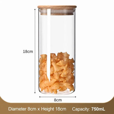 Kitchen Airtight Glass Storage Canister, Natural Bamboo Lid Transparent Container, 8cm*18cm, 750ml, Practical Household Storage Gift