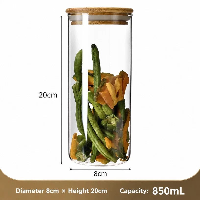 Food Grade Sealed Glass Jar, Bamboo Lid Dry Food Organizer For Kitchen, 8cm*20cm, 850ml, Stylish Kitchen Decor Gift