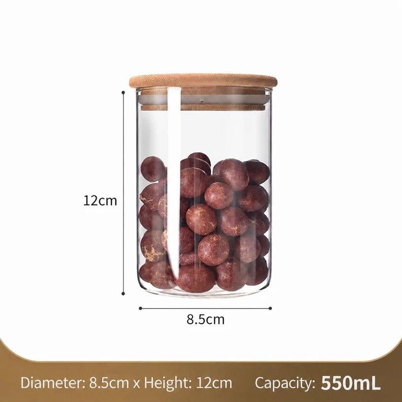 Clear Glass Food Storage Container, Sealed Bamboo Lid Kitchen Canister, 8.5cm*12cm, 550ml, Ideal Housewarming Present