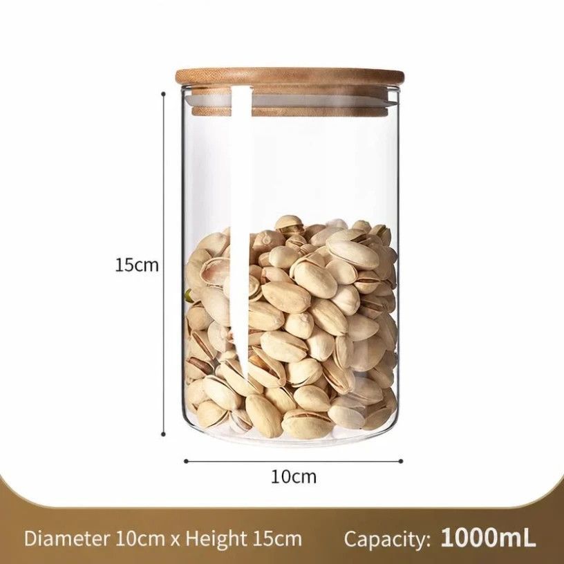 Airtight Large Glass Food Canister, Bamboo Lid Kitchen Ingredient Container, 10cm*15cm, 1000ml, Practical Kitchen Gift