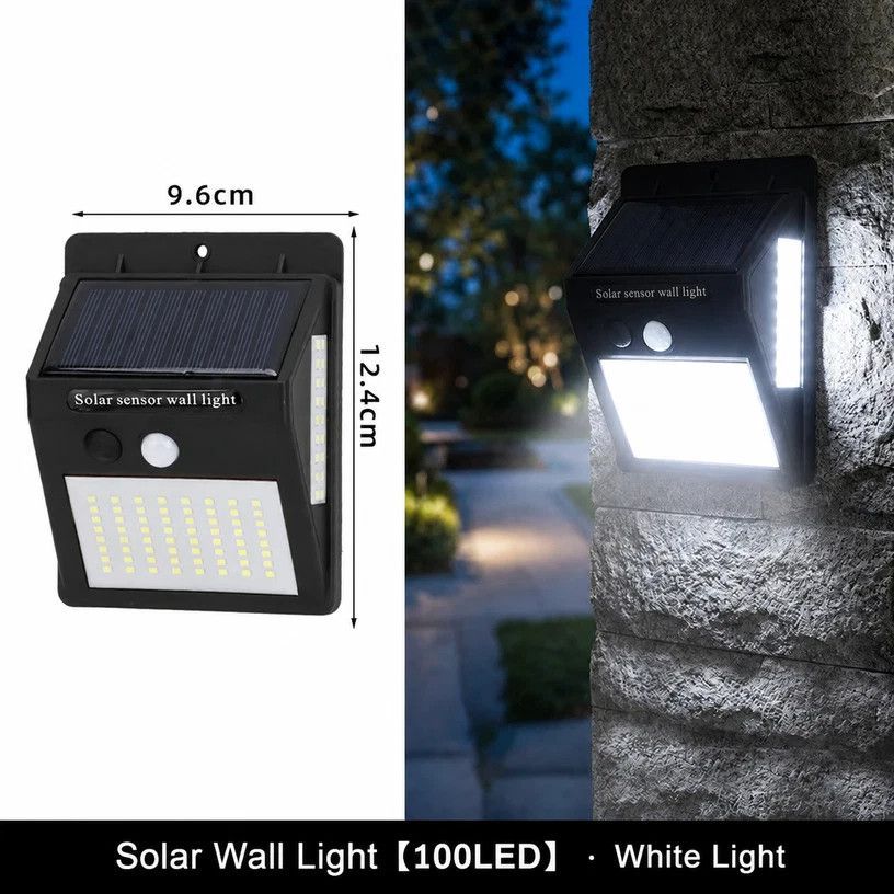 Solar 3-Sided LED Wall Lamp, 100 LED, Human Sensor Waterproof Outdoor Light, Large Area Garden Landscape Lighting Gift