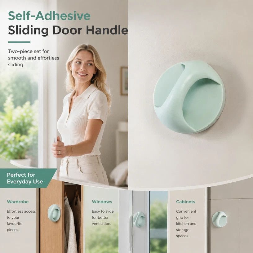 Punch-Free Self-Adhesive Sliding Door Pull Handle, No Drilling Sticky Handle For Wardrobe & Window, Green, 2 Pcs, Convenient Household Accessory Gift