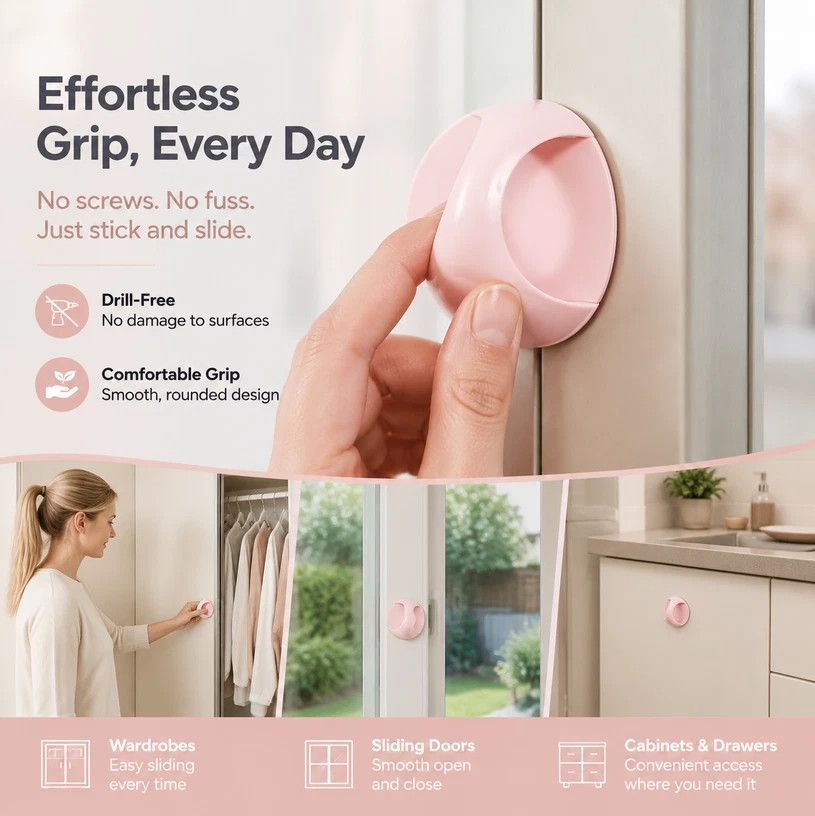 Self Adhesive Drawer Handle, Drill-Free Sticky Pull For Cabinet & Sliding Window, Strong Adhesion, Pink, 2 Pcs, Sweet Housewarming Gift
