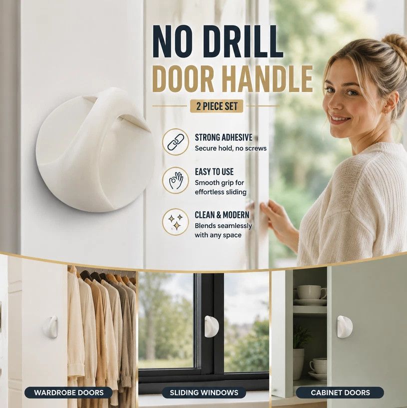 No Drill Sticky Pull Handle, Punch-Free Grip For Wardrobe, Drawer & Sliding Door, White, 2 Pcs, Minimalist Home Decor Gift