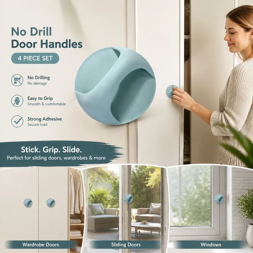 Punch-Free Self-Adhesive Cabinet Pull Handle, Strong Sticky Handle For Window & Sliding Door, Blue, 4 Pcs, Ideal Home Improvement Gift