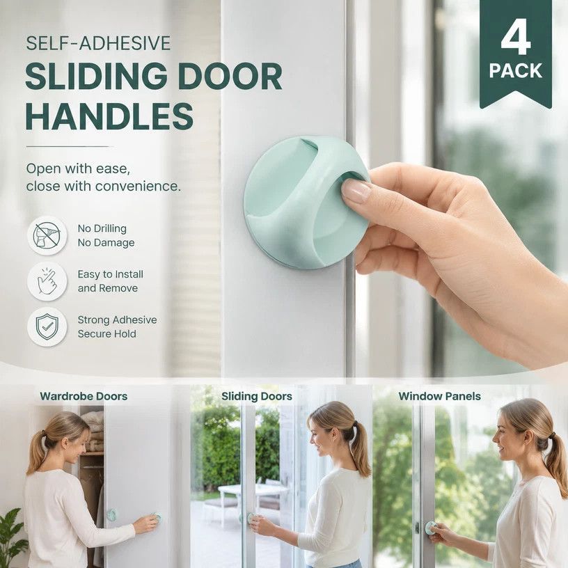 Drill-Free Self Adhesive Sliding Door Handle, No Punch Sticky Grip For Drawer & Wardrobe, Green, 4 Pcs, Useful Daily Household Gift