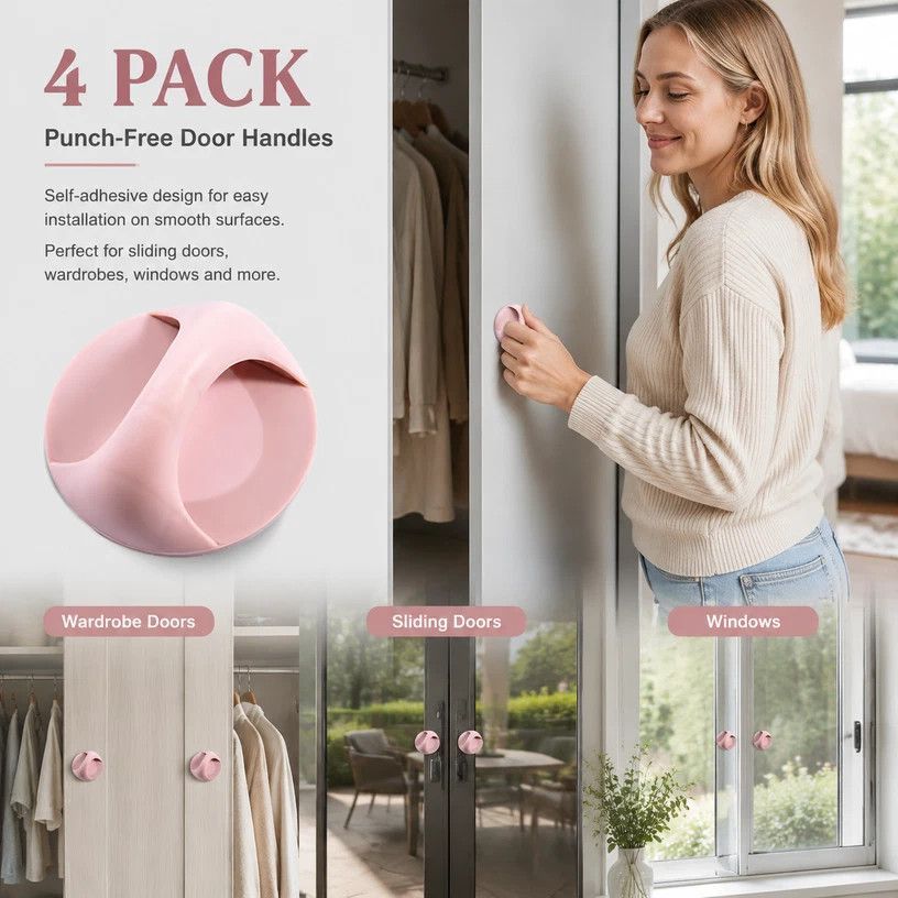 Self Adhesive Punch-Free Drawer Pull Handle, Strong Stick On Handle For Cabinet & Sliding Window, Pink, 4 Pcs, Lovely Interior Decor Gift