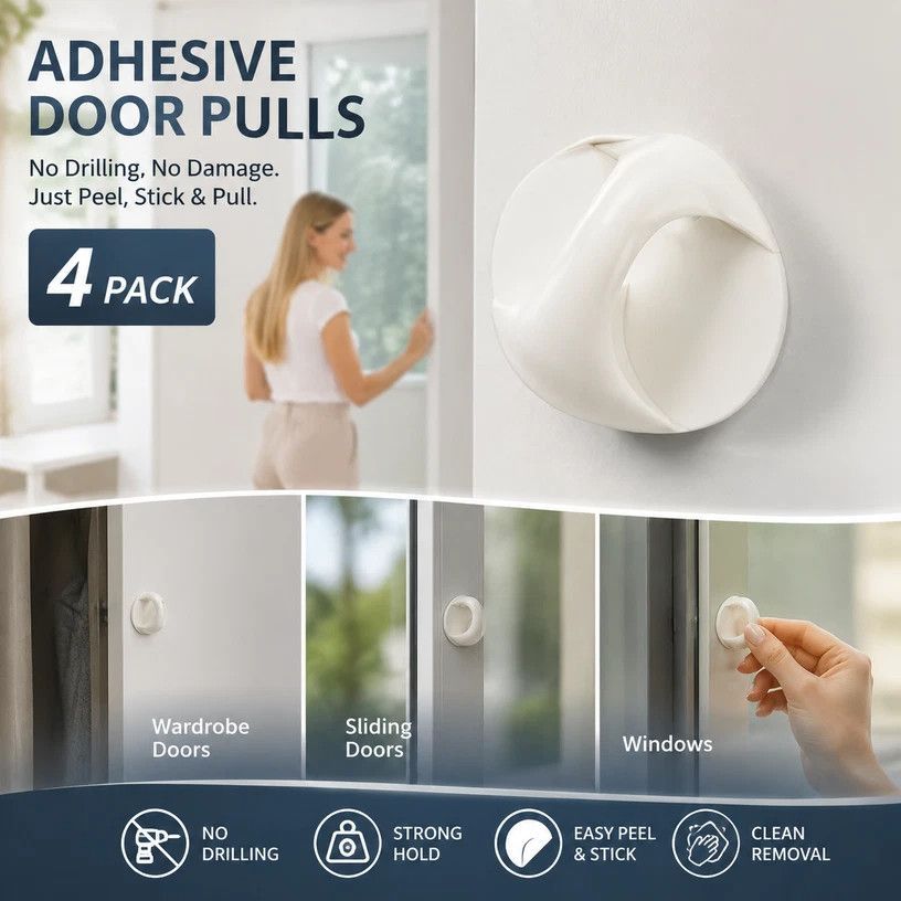 No Drill Sticky Wardrobe Handle, Punch-Free Pull For Drawer, Window & Sliding Door, White, 4 Pcs, Versatile Home Organizer Gift