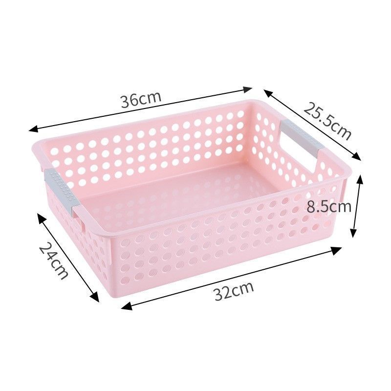 Shallow Plastic Storage Basket, Large Size, 13.78x10.24x3.35in, Pink, A4 Size Pantry & Office Storage Bin, Elegant Household Present