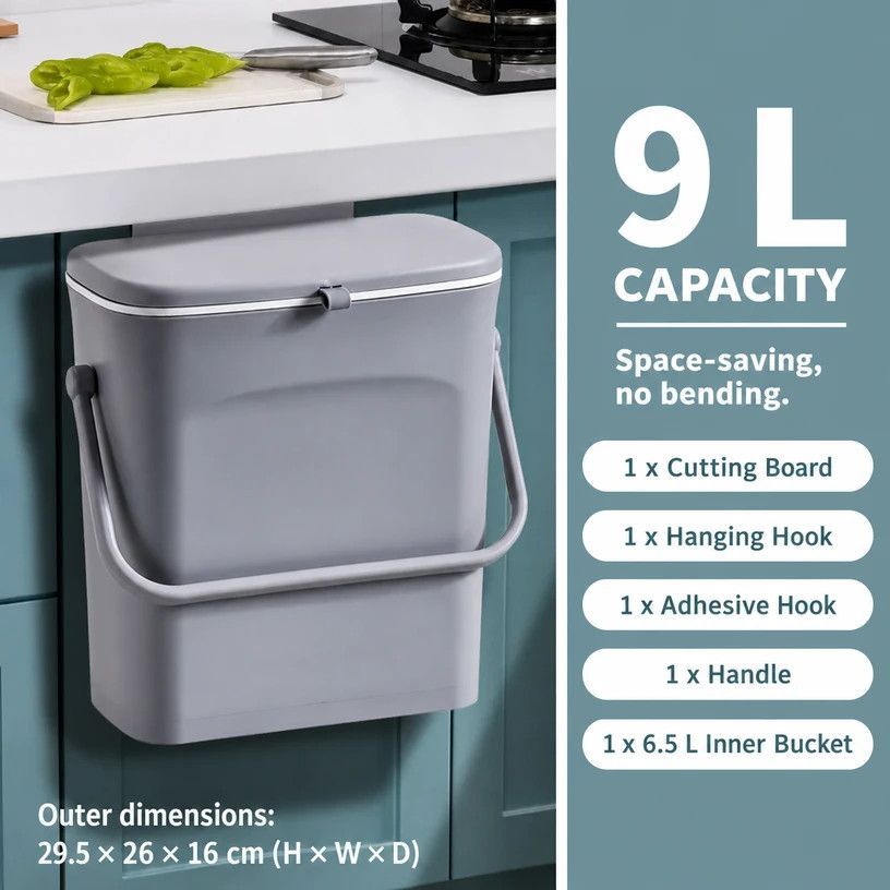 Hanging Garbage Bin With Handle & Inner Bucket, Cabinet Door Mounted, 9L, Grey, Detachable Waste Bucket For Kitchen & Washroom, Thoughtful Family Gift