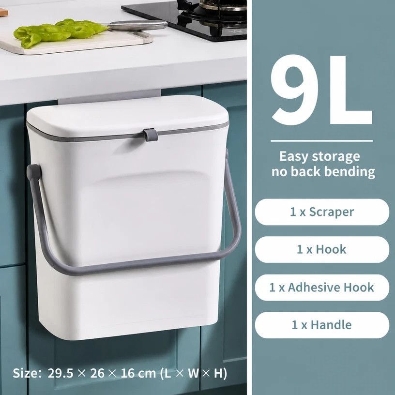 Wall Mount Hanging Waste Bin With Handle, Cabinet Door Hook Design, 9L, White, Creative Garbage Container For Kitchen & Living Room, Daily Household Gift