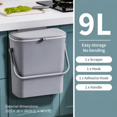 Cabinet Door Hook Trash Can With Handle, Wall Hanging Garbage Bin, 9L, Grey, Household Waste Container For Kitchen & Bathroom, Stylish Home Gift