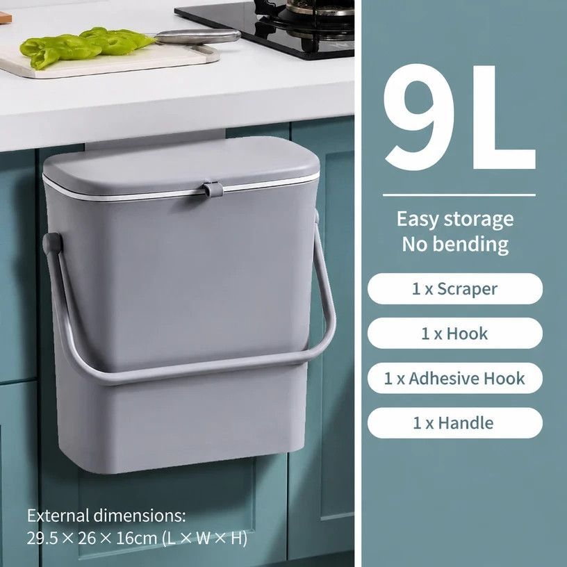 Cabinet Door Hook Trash Can With Handle, Wall Hanging Garbage Bin, 9L, Grey, Household Waste Container For Kitchen & Bathroom, Stylish Home Gift