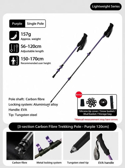 Carbon Fiber Trekking Pole, 3 Section Adjustable Lightweight Hiking Stick, For Adults Under 170cm, Purple, Professional Outdoor Climbing Gear, Great Outdoor Sports Gift