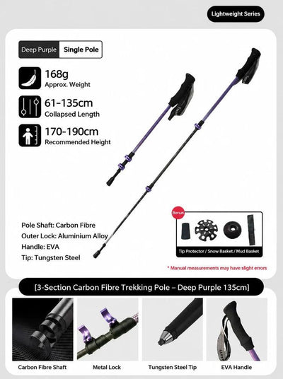 Carbon Fiber Adjustable Hiking Trekking Pole, 3 Section Lightweight Walking Stick, Suitable For People Under 190cm, Purple, Durable Mountain Climbing Accessory