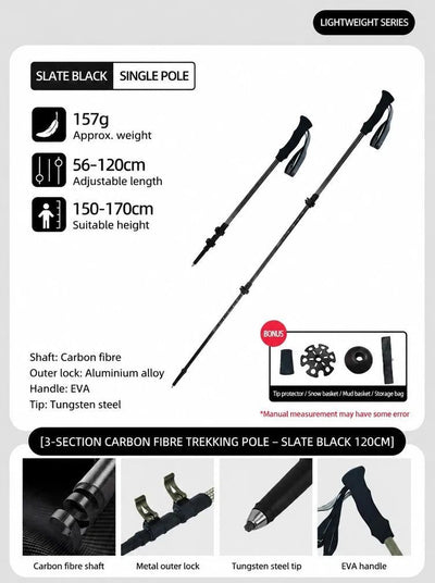 Carbon Fiber 3-Section Telescopic Trekking Stick, Lightweight Hiking Pole For Adults Under 170cm, Slate Black, Portable Outdoor Walking Equipment