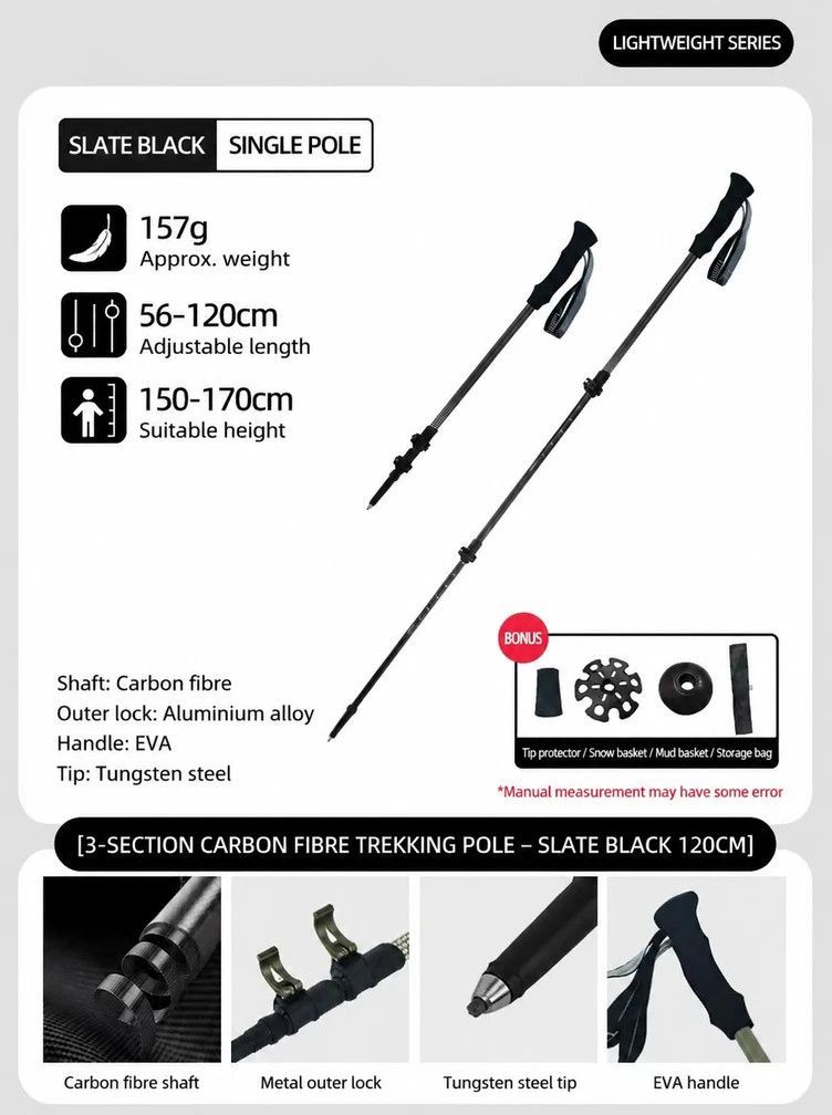 Carbon Fiber 3-Section Telescopic Trekking Stick, Lightweight Hiking Pole For Adults Under 170cm, Slate Black, Portable Outdoor Walking Equipment
