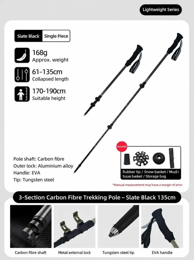 Lightweight Carbon Fiber Trekking Pole, 3 Section Adjustable Walking Stick, Fit For Height Under 190cm, Slate Black, Professional Hiking & Climbing Gear