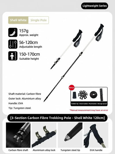 3 Section Carbon Fiber Telescopic Hiking Pole, Lightweight Trekking Stick For Height Under 170cm, Shell White, Stylish Outdoor Walking Accessory