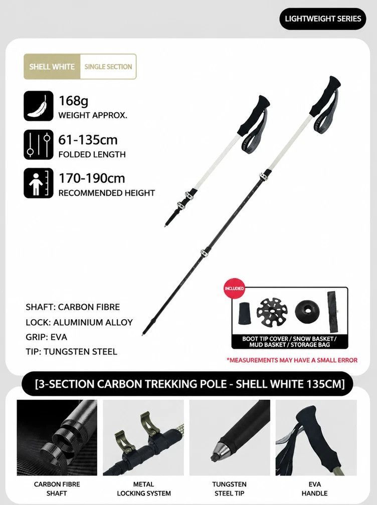 Carbon Fiber Lightweight Trekking Stick, Adjustable 3 Section Hiking Pole, Suitable For Height Under 190cm, Shell White, Reliable Mountain Walking Gear