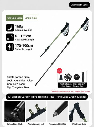 Lightweight Carbon Fiber 3 Section Trekking Pole, Adjustable Hiking Stick Fit For Height Under 190cm, Pine Green, Premium Outdoor Sports Supply