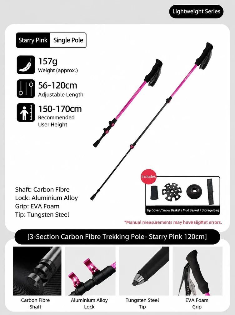 Carbon Fiber 3 Section Adjustable Trekking Stick, Lightweight Hiking Pole For Height Under 170cm, Strawberry Pink, Fashion Outdoor Walking Gear