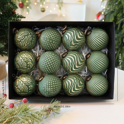 Vintage Embossed Christmas Baubles 8cm, 12 Pack Green Ornaments, Rustic Textured Vintage Balls, Versatile Christmas Decor For Indoor Festive Layout & Holiday Gift Idea
