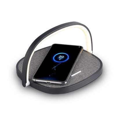 Mini Bedside Desk Lamp, 10W Wireless Charging Phone Stand, Stylish Fabric Night Light, Black, Supplied With USB Cable, Versatile Bedroom Night Decor & Useful Home Gift