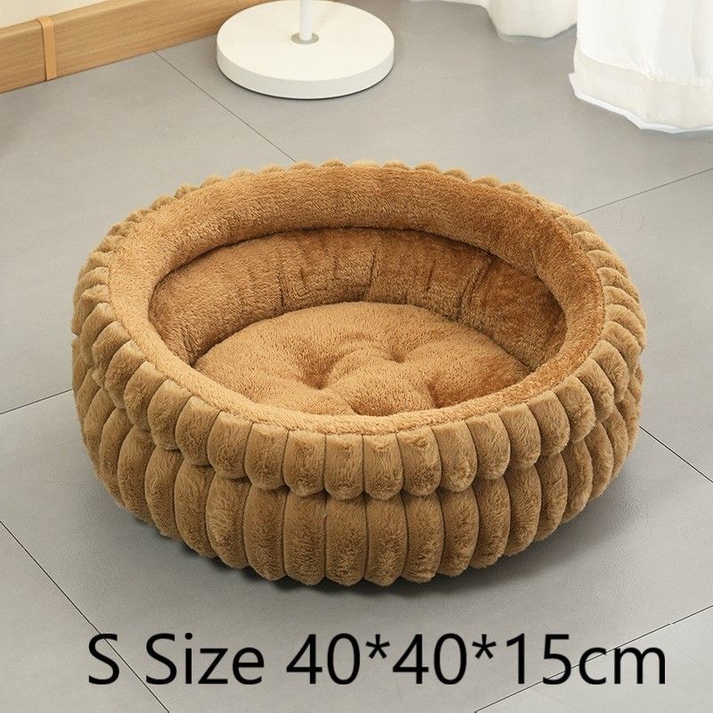 Removable Faux Rabbit Fur Round Pet Bed, Thick Warm Moisture Resistant All Season Cat & Dog Nest, Coffee, Size S, 15.75x15.75x5.91in, Cosy Sleeping Space For Small Breed Pets