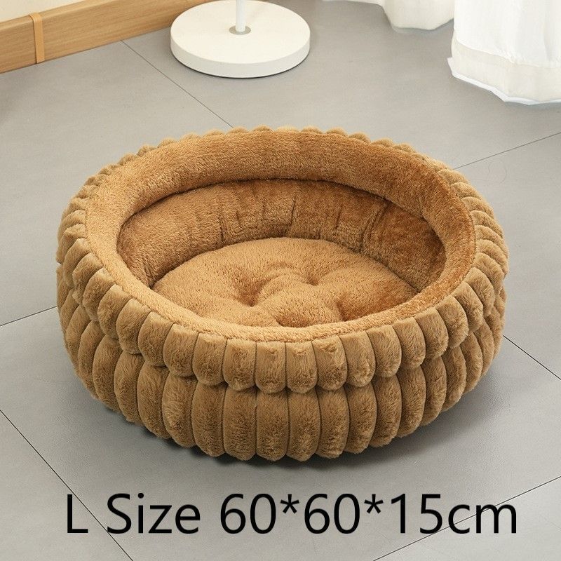 Detachable Faux Rabbit Fur Round Pet Bed, All Season Thick Cushion Pet Bed, Moisture Proof Design For Indoor Use, Coffee, Size L, 23.62x23.62x5.91in