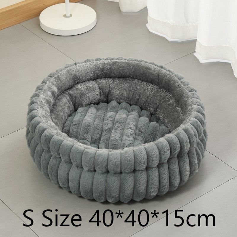 Removable Faux Rabbit Fur Round Pet Bed, Thick Warm Moisture Resistant All Season Cat & Dog Nest, Grey, Size S, 15.75x15.75x5.91in, Low Profile Rest Zone For Tiny Pets
