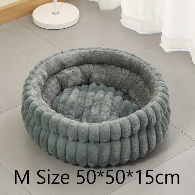 Washable Faux Rabbit Fur Round Pet Bed, Plush Warm Anti-Moisture Pet Sleeping Nest, Grey, Size M, 19.69x19.69x5.91in, Neutral Tone Pet Furniture For Home