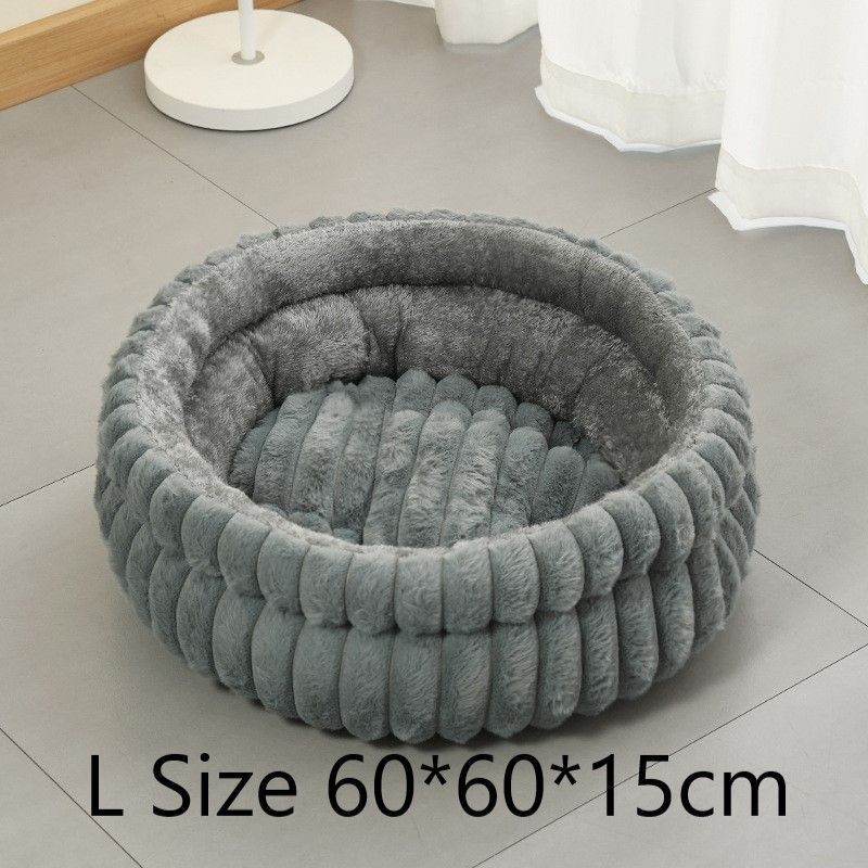 Detachable Faux Rabbit Fur Round Pet Bed, All Season Thick Cushion Pet Bed, Moisture Proof Indoor Sleeping Mat, Grey, Size L, 23.62x23.62x5.91in